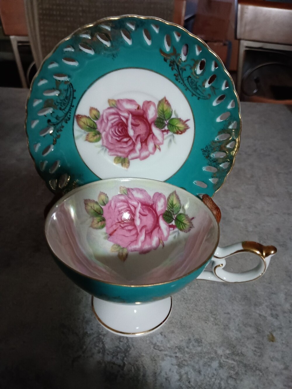 Pink Rose Royal HalseyTeacup and Saucer Set with Teal Accents